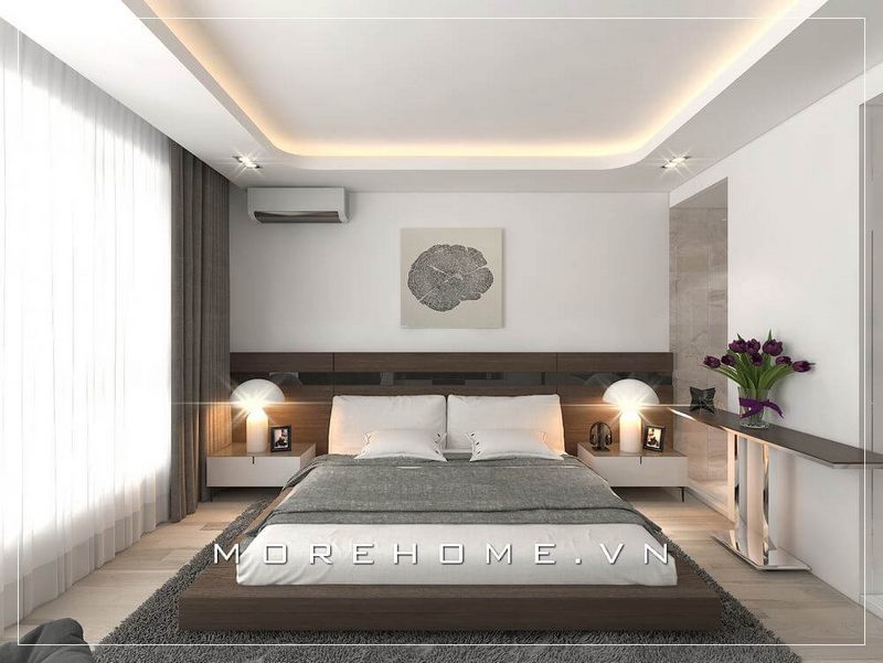 Giường ngủ gỗ An Cường màu nâu chủ đạo được lựa chọn làm điểm nhấn nổi bật cho cả căn phòng ngủ chung cư hiện đại